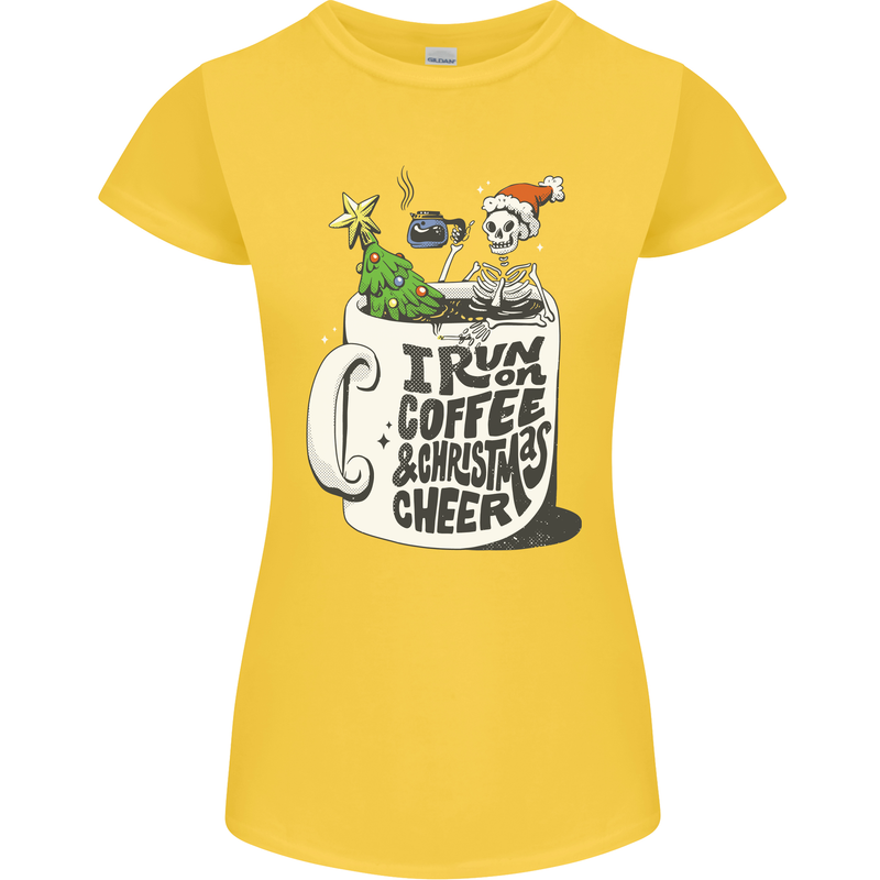I Run On Coffee and Christmas Cheer Skull Womens Petite Cut T-Shirt Yellow
