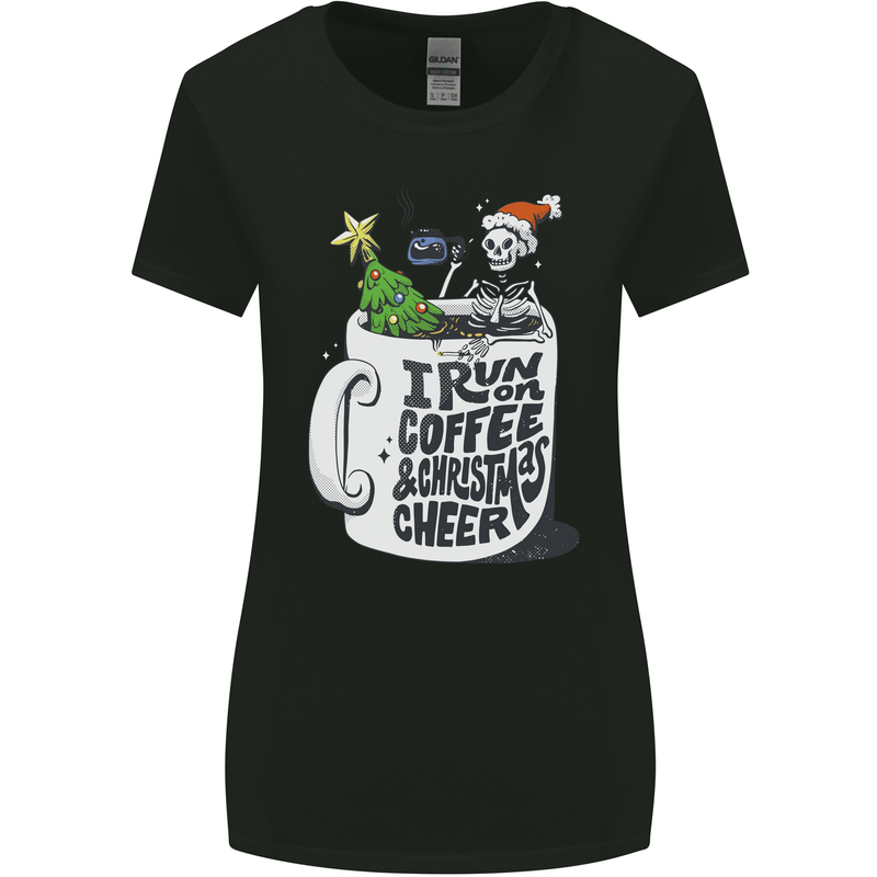 I Run On Coffee and Christmas Cheer Skull Womens Wider Cut T-Shirt Black