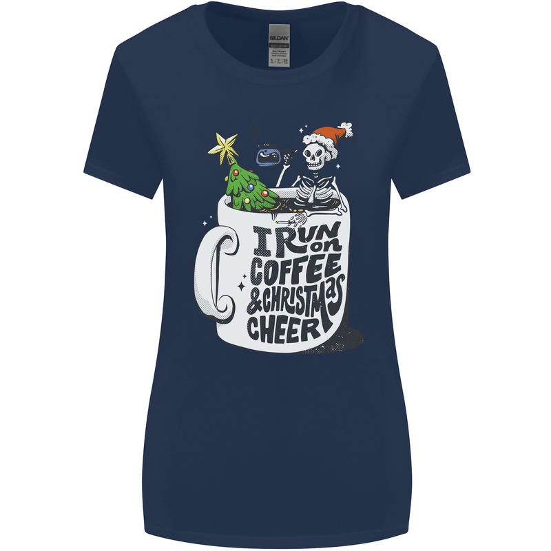 I Run On Coffee and Christmas Cheer Skull Womens Wider Cut T-Shirt Navy Blue