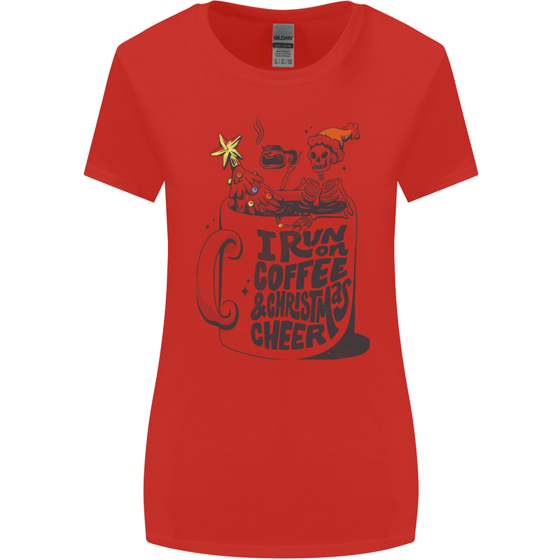 I Run On Coffee and Christmas Cheer Skull Womens Wider Cut T-Shirt Red