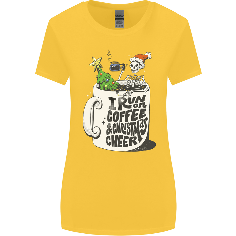 I Run On Coffee and Christmas Cheer Skull Womens Wider Cut T-Shirt Yellow