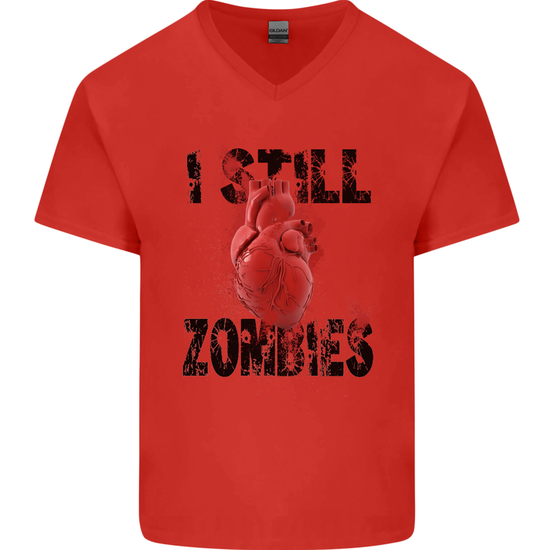 I Still Heart Zombies Apocalypse Mens V-Neck Cotton T-Shirt Red