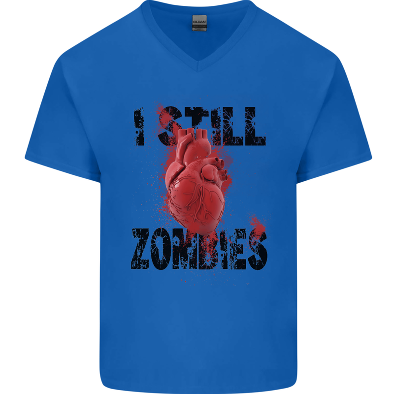 I Still Heart Zombies Apocalypse Mens V-Neck Cotton T-Shirt Royal Blue