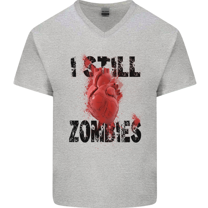 I Still Heart Zombies Apocalypse Mens V-Neck Cotton T-Shirt Sports Grey