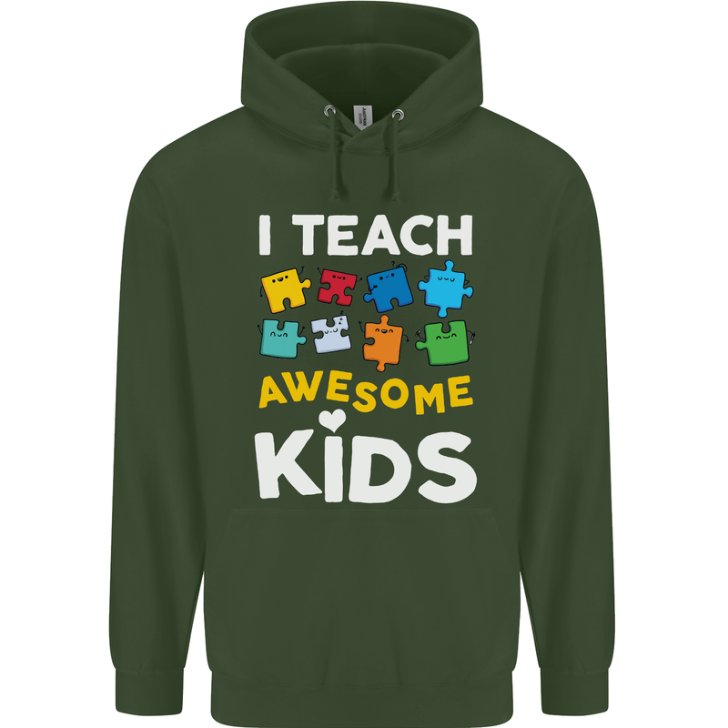I Teach Awesome Kids Funny Teacher Teaching Mens 80% Cotton Hoodie Forest Green