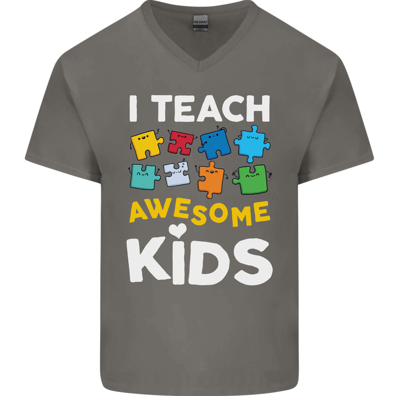 I Teach Awesome Kids Funny Teacher Teaching Mens V-Neck Cotton T-Shirt Charcoal
