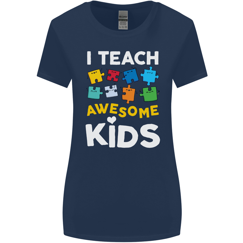 I Teach Awesome Kids Funny Teacher Teaching Womens Wider Cut T-Shirt Navy Blue