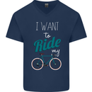 I Want to Ride My Bike Cycling Cyclist Mens V-Neck Cotton T-Shirt Navy Blue
