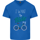 I Want to Ride My Bike Cycling Cyclist Mens V-Neck Cotton T-Shirt Royal Blue