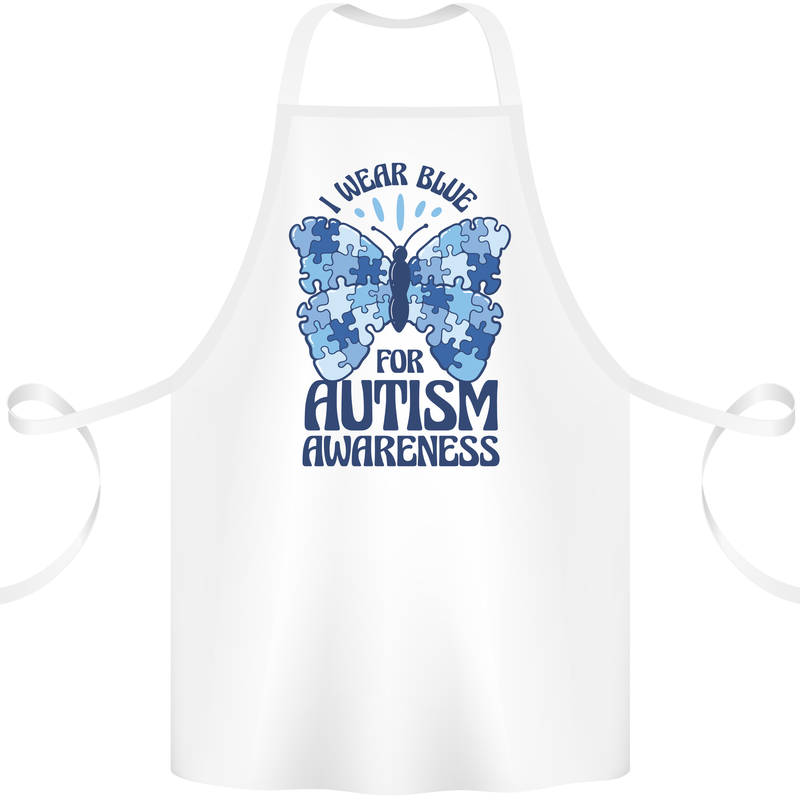 I Wear Blue For Autism Butterfly Autistic Cotton Apron 100% Organic White