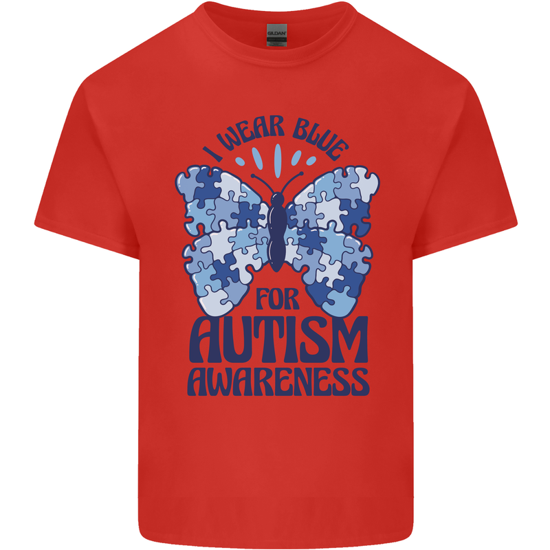 I Wear Blue For Autism Butterfly Autistic Mens Cotton T-Shirt Tee Top Red
