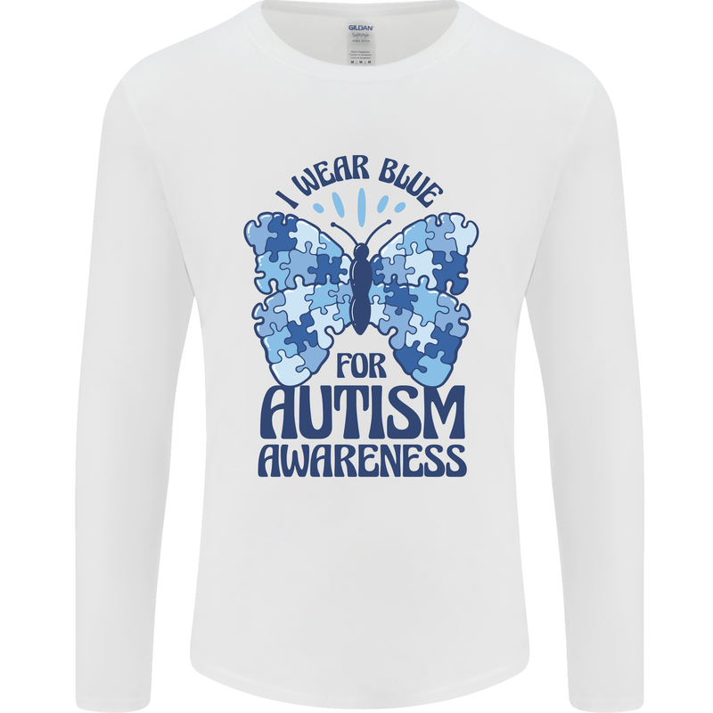 I Wear Blue For Autism Butterfly Autistic Mens Long Sleeve T-Shirt White