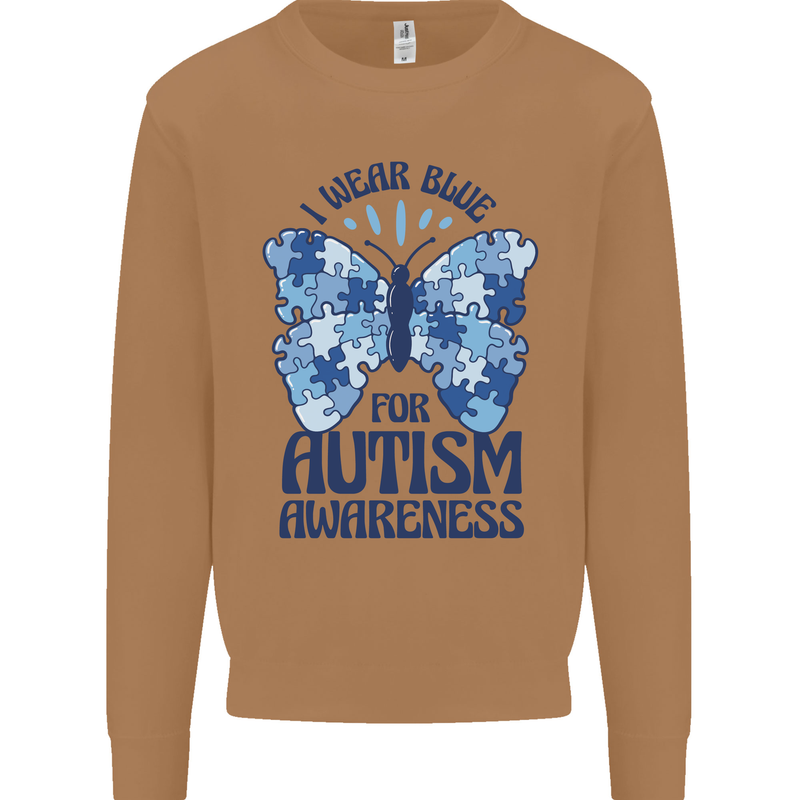 I Wear Blue For Autism Butterfly Autistic Mens Sweatshirt Jumper Caramel Latte