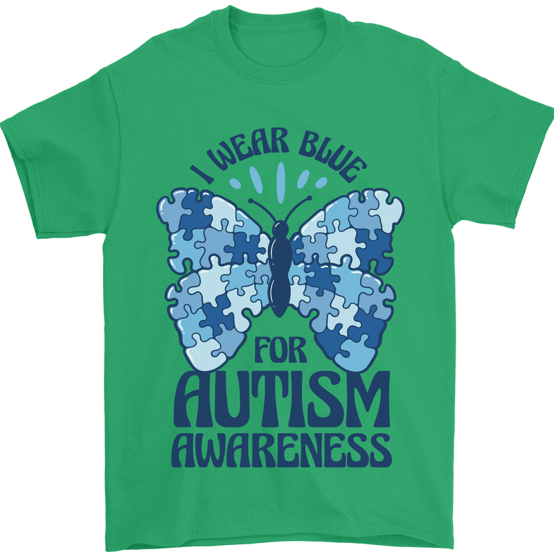 I Wear Blue For Autism Butterfly Autistic Mens T-Shirt 100% Cotton Irish Green