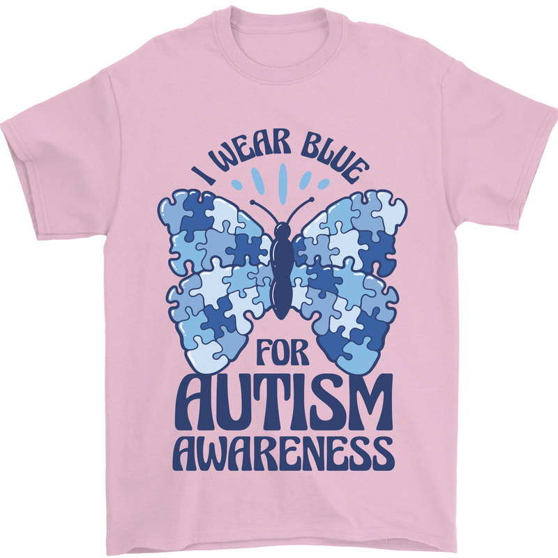 I Wear Blue For Autism Butterfly Autistic Mens T-Shirt 100% Cotton Light Pink