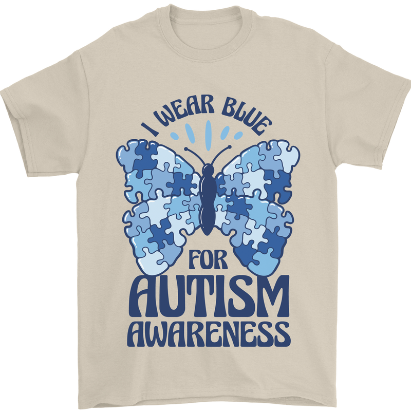 I Wear Blue For Autism Butterfly Autistic Mens T-Shirt 100% Cotton Sand