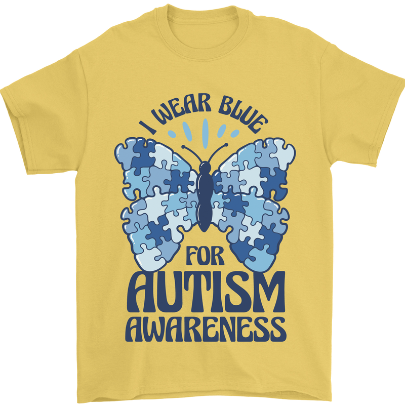 I Wear Blue For Autism Butterfly Autistic Mens T-Shirt 100% Cotton Yellow