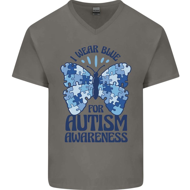 I Wear Blue For Autism Butterfly Autistic Mens V-Neck Cotton T-Shirt Charcoal