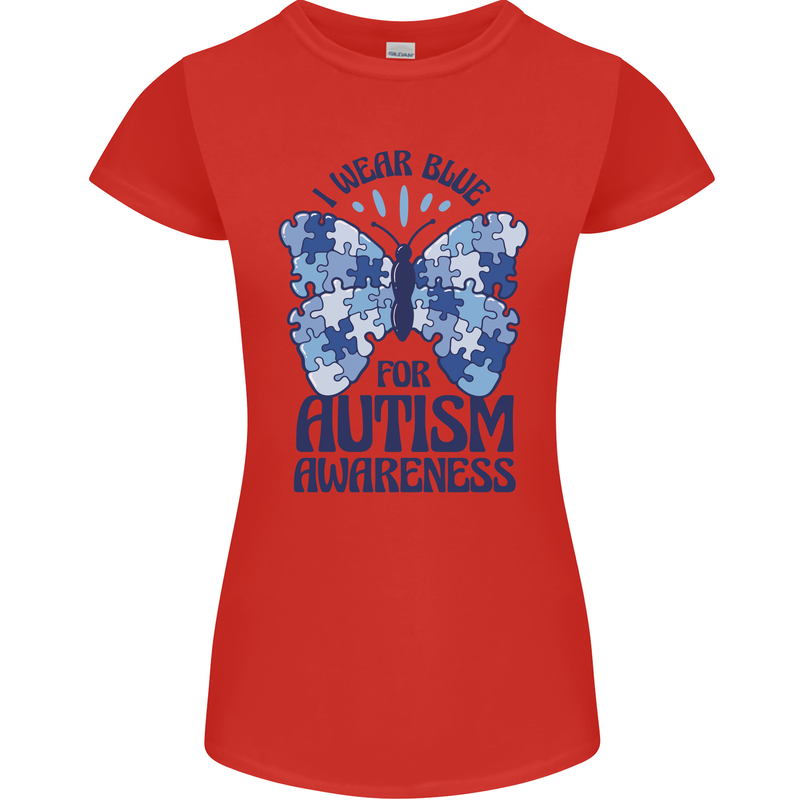 I Wear Blue For Autism Butterfly Autistic Womens Petite Cut T-Shirt Red