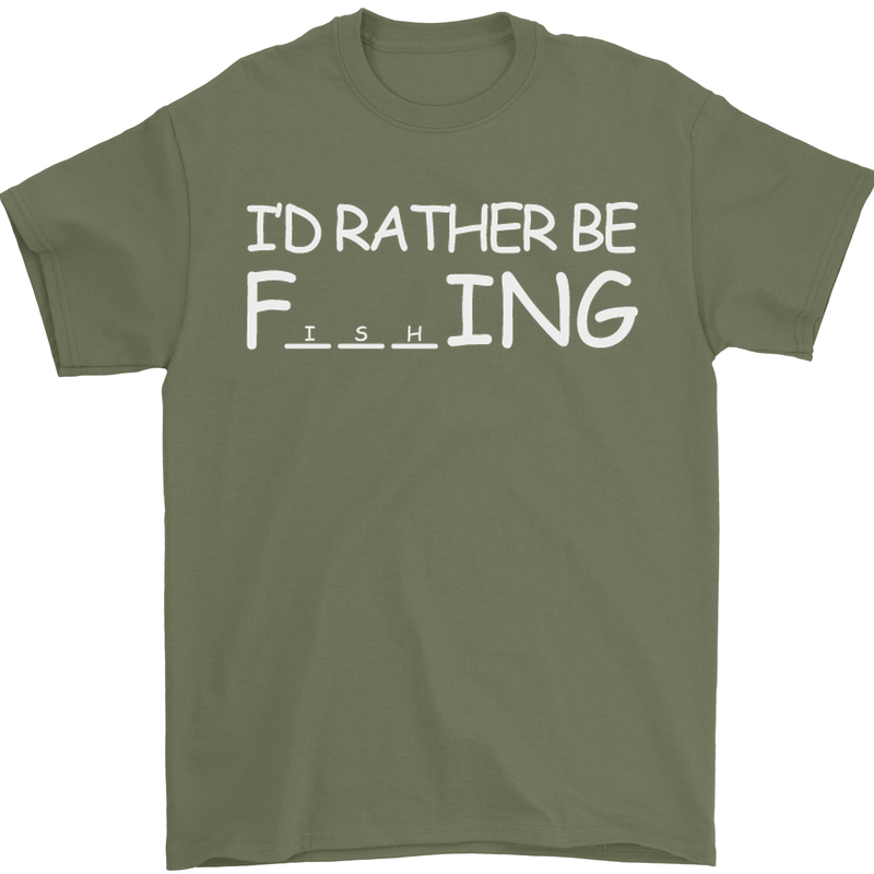 I'd Rather Be Fishing Funny Fisherman ECG Mens T-Shirt Cotton Gildan Military Green