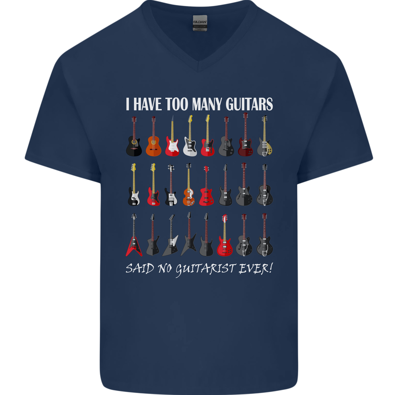 I have Too Many Guitars Guitarist Acoustic Mens V-Neck Cotton T-Shirt Navy Blue