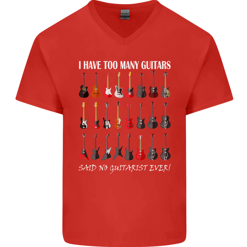 I have Too Many Guitars Guitarist Acoustic Mens V-Neck Cotton T-Shirt Red