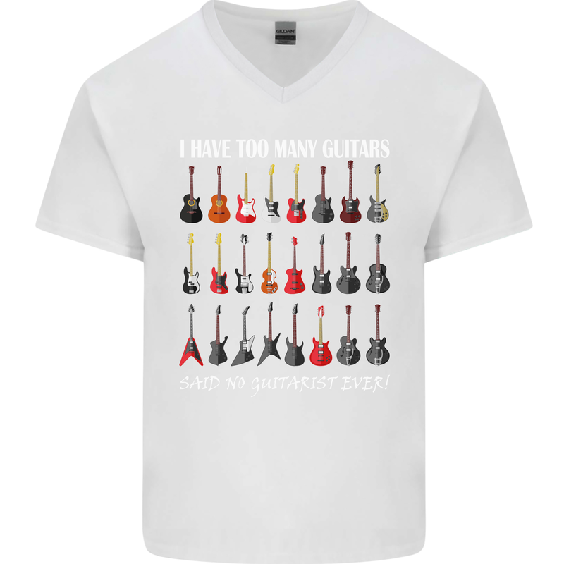 I have Too Many Guitars Guitarist Acoustic Mens V-Neck Cotton T-Shirt White