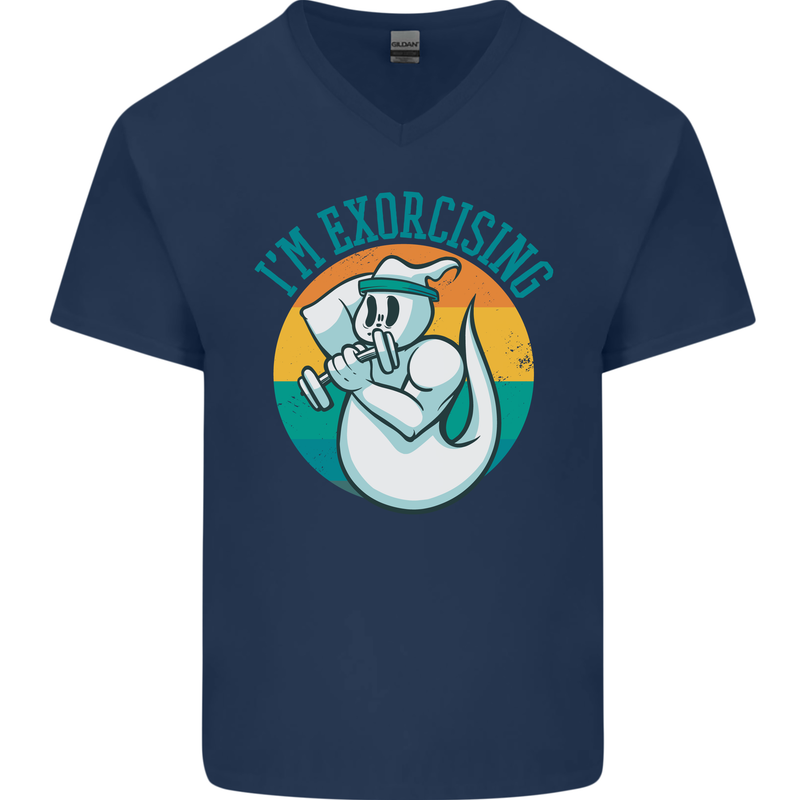 I'm Exorcising Funny Halloween Gym Fitness Mens V-Neck Cotton T-Shirt Navy Blue