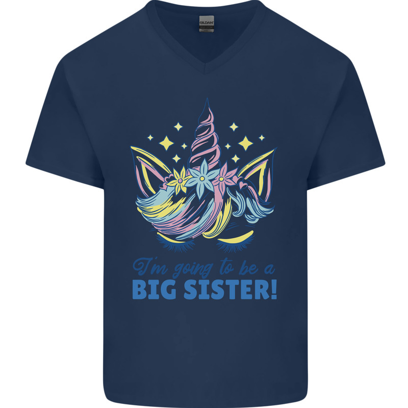 I'm Going to Be a Big Sister Unicorn Mens V-Neck Cotton T-Shirt Navy Blue