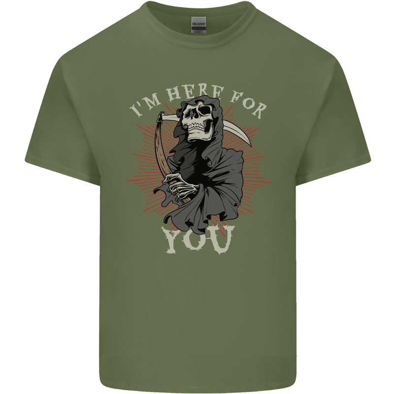 I'm Here For You Grim Reaper Skull Devil Mens Cotton T-Shirt Tee Top Military Green