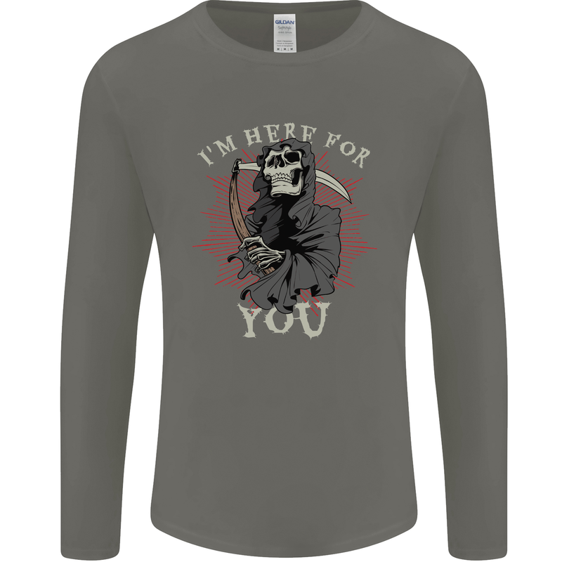 I'm Here For You Grim Reaper Skull Devil Mens Long Sleeve T-Shirt Charcoal