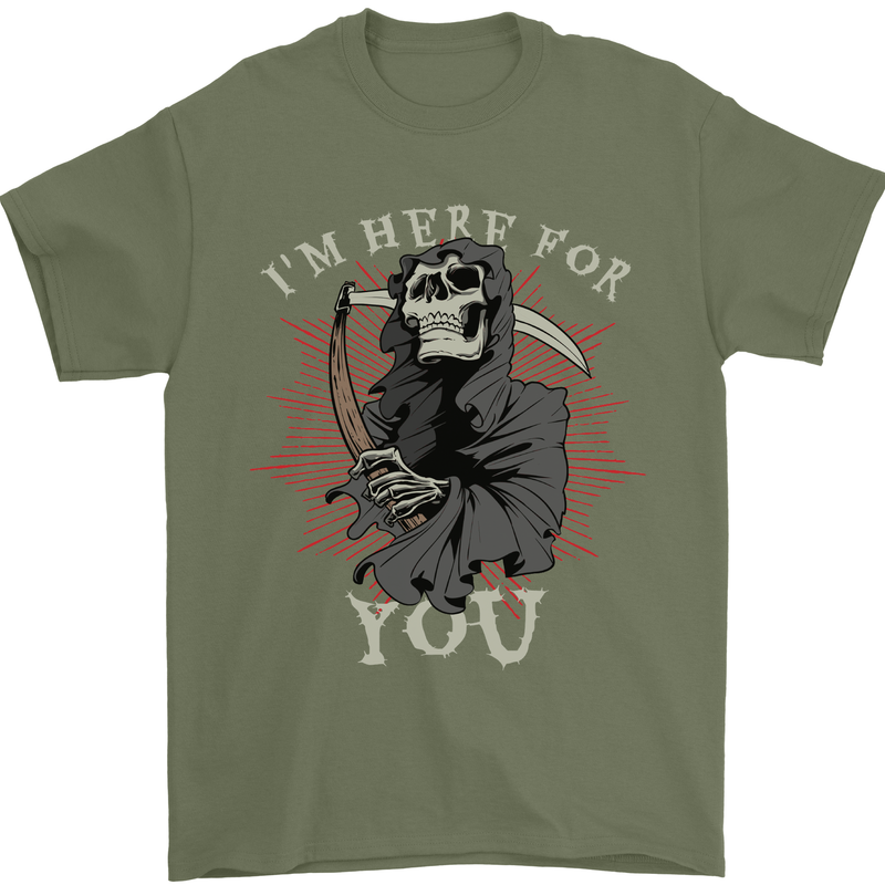 I'm Here For You Grim Reaper Skull Devil Mens T-Shirt Cotton Gildan Military Green