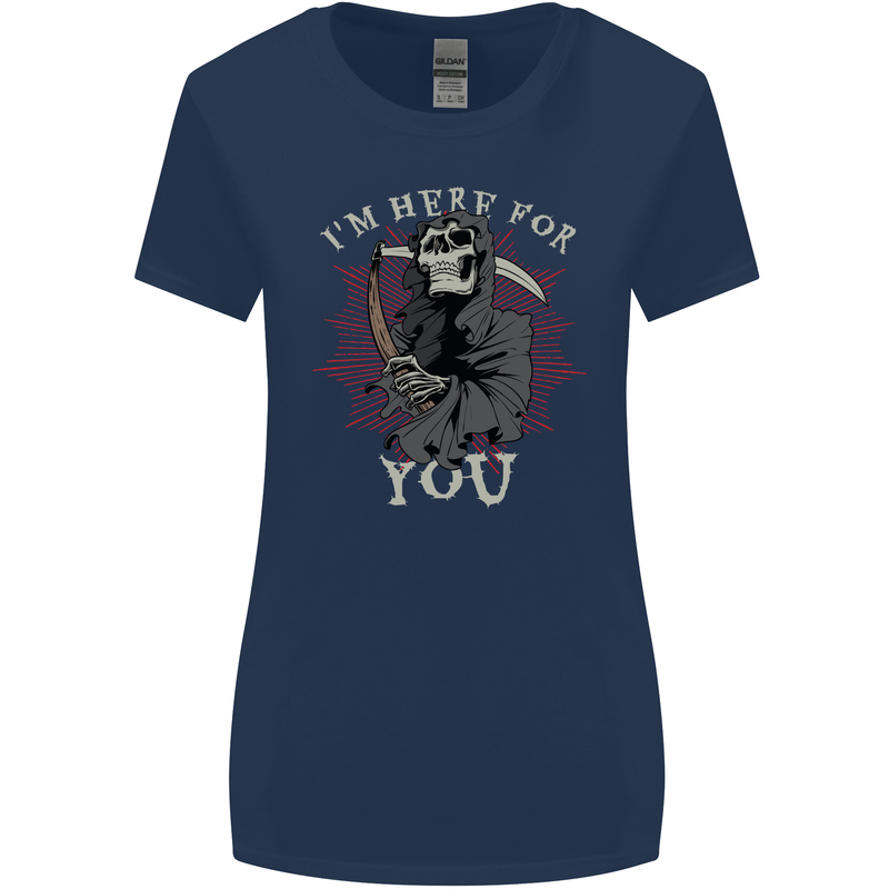 I'm Here For You Grim Reaper Skull Devil Womens Wider Cut T-Shirt Navy Blue