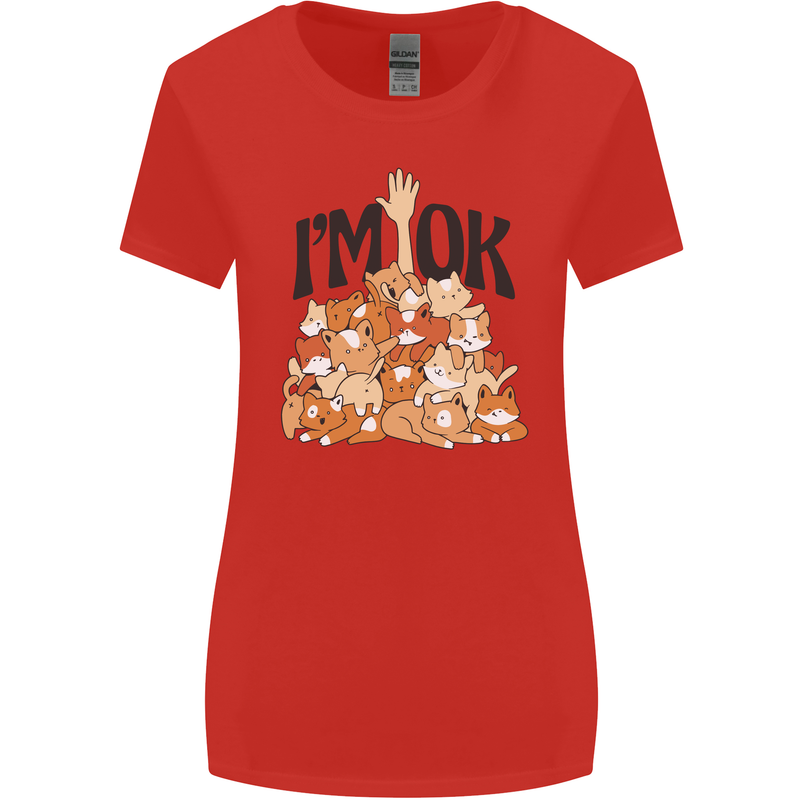 I'm OK Funny Cat Mum Dad Crazy Lady Kitten Womens Wider Cut T-Shirt Red