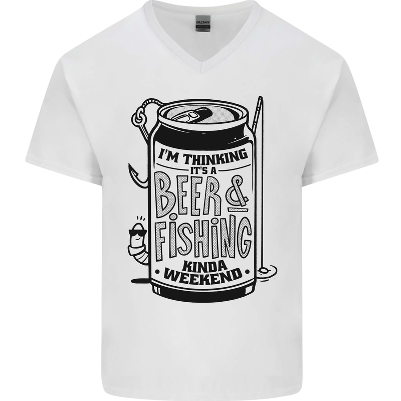 I'm Thinking Beer & Fishing Weekend Funny Mens V-Neck Cotton T-Shirt White