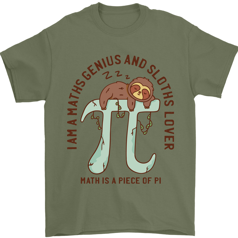 I'm a Maths Genius and Sloth Lover Funny Mens T-Shirt Cotton Gildan Military Green