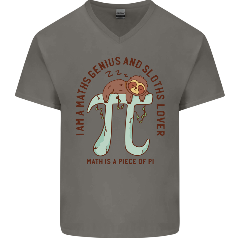 I'm a Maths Genius and Sloth Lover Funny Mens V-Neck Cotton T-Shirt Charcoal