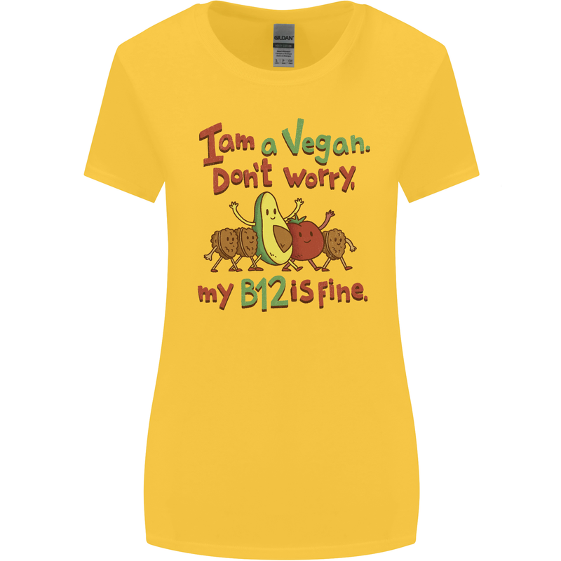 I'm a Vegan My b12 Is Fine Funny Womens Wider Cut T-Shirt Yellow
