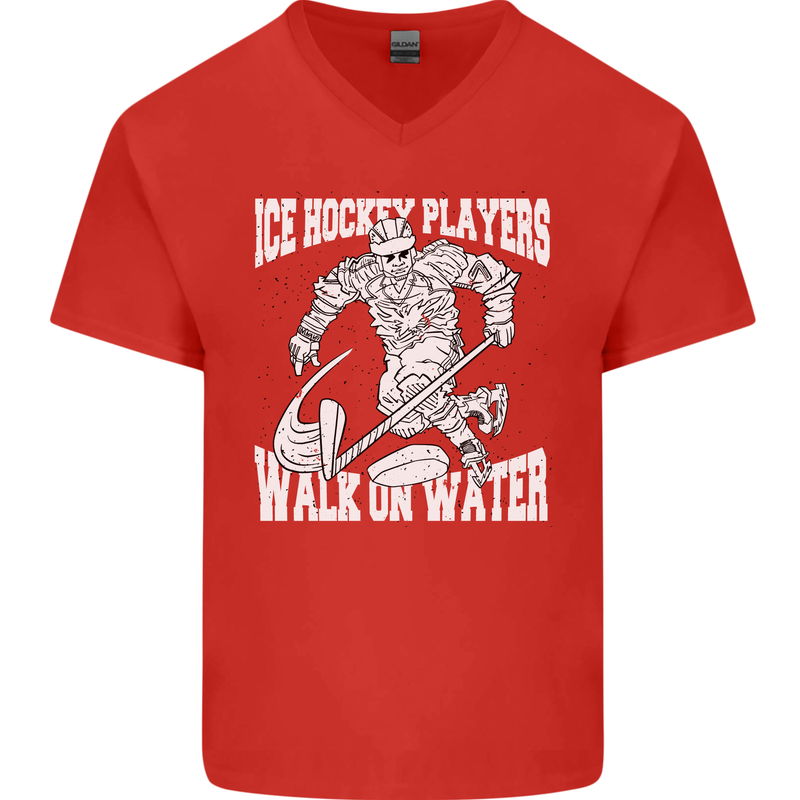 Ice Hockey Players Walk On Water Mens V-Neck Cotton T-Shirt Red