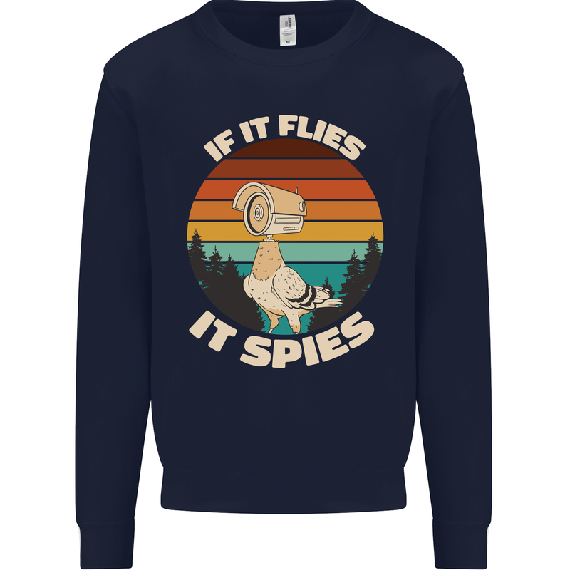 If Flies it Spies Conspiracy Theory Birds Funny Kids Sweatshirt Jumper Navy Blue