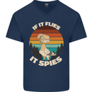 If Flies it Spies Conspiracy Theory Birds Funny Mens V-Neck Cotton T-Shirt Navy Blue