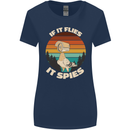 If Flies it Spies Conspiracy Theory Birds Funny Womens Wider Cut T-Shirt Navy Blue