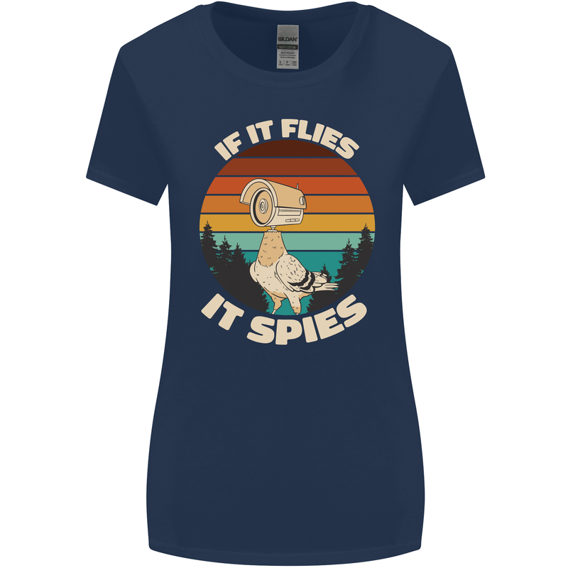 If Flies it Spies Conspiracy Theory Birds Funny Womens Wider Cut T-Shirt Navy Blue
