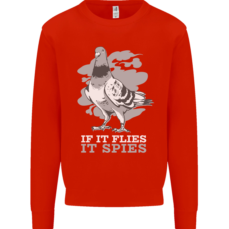 If it Flies it Spies Conspiracy Pigeon Kids Sweatshirt Jumper Bright Red