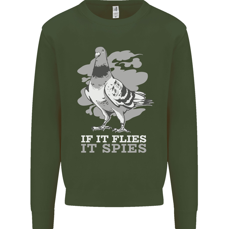 If it Flies it Spies Conspiracy Pigeon Kids Sweatshirt Jumper Forest Green