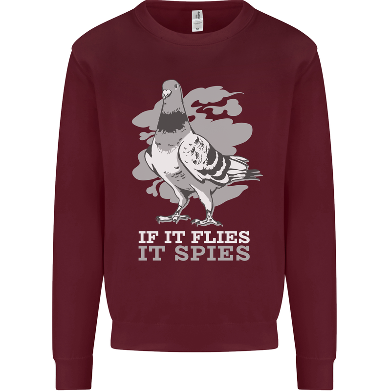 If it Flies it Spies Conspiracy Pigeon Kids Sweatshirt Jumper Maroon