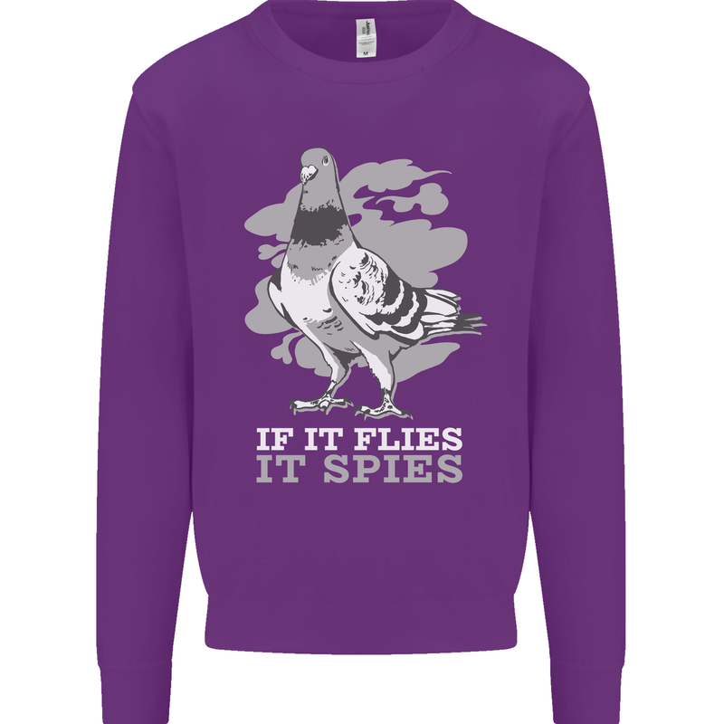If it Flies it Spies Conspiracy Pigeon Kids Sweatshirt Jumper Purple