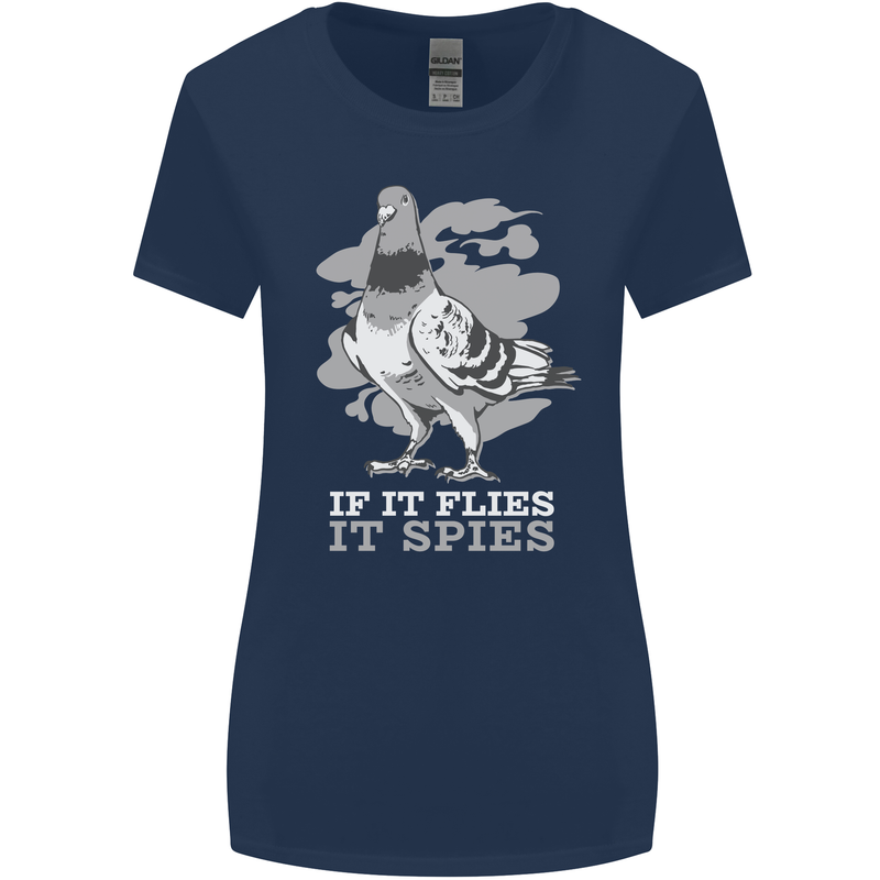 If it Flies it Spies Conspiracy Pigeon Womens Wider Cut T-Shirt Navy Blue