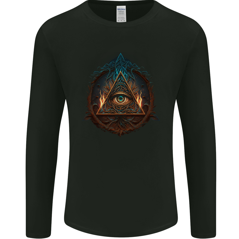Illuminati Eye With Flames Conspiracy Fantasy Mens Long Sleeve T-Shirt Black