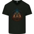 Illuminati Eye With Flames Conspiracy Fantasy Mens V-Neck Cotton T-Shirt Black